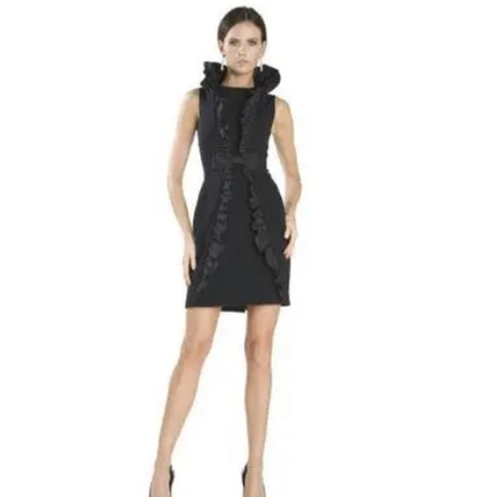 Rickie Freeman For Teri Jon black ruffle & bow sleeveless elegant mini Dress 2